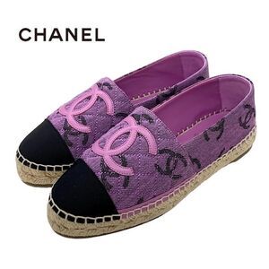 Chanel Flat Shoes Canvas Leather Purple Black Coco Mark Espadrilles
